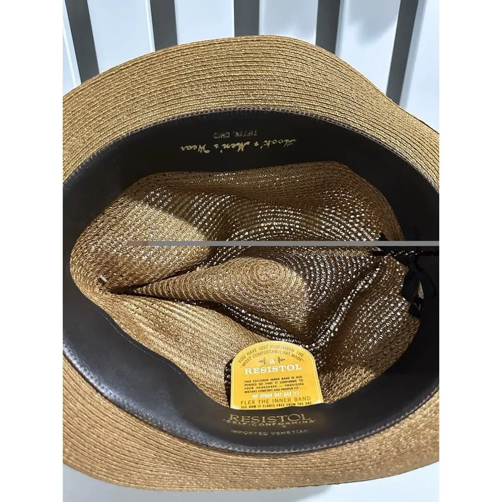 Vintage Resistol Imported Venetian Straw Fedora Size 7 Black Gold Striped Band